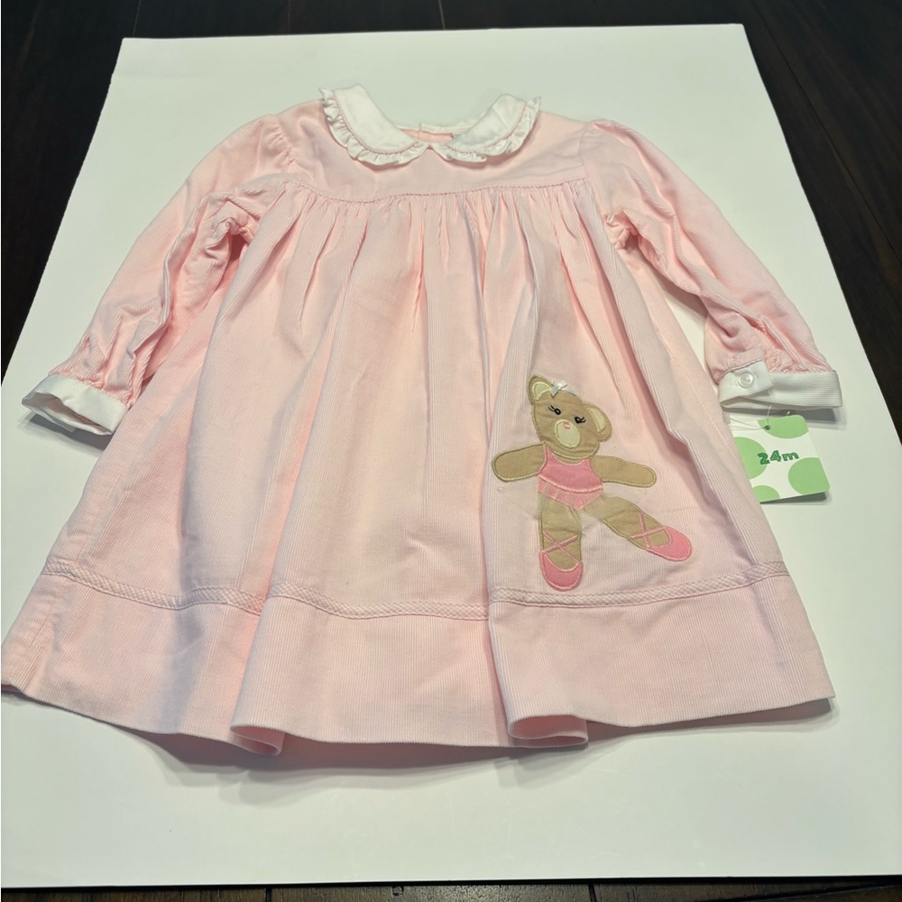 PETIT AMI ZU DRESS  24 MONTHS LT PINK CORDUROY DANCING BEAR EMBROIDERY ON FRONT